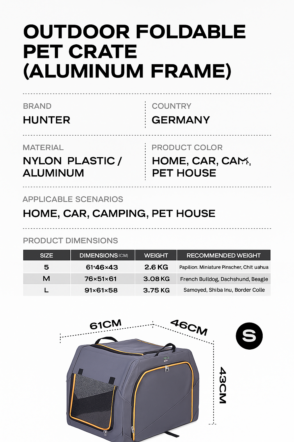 HUNTER Germany Portable Pet Travel Carrier – Breathable & Foldable Crate for Car, Camping & Outdoor Use
